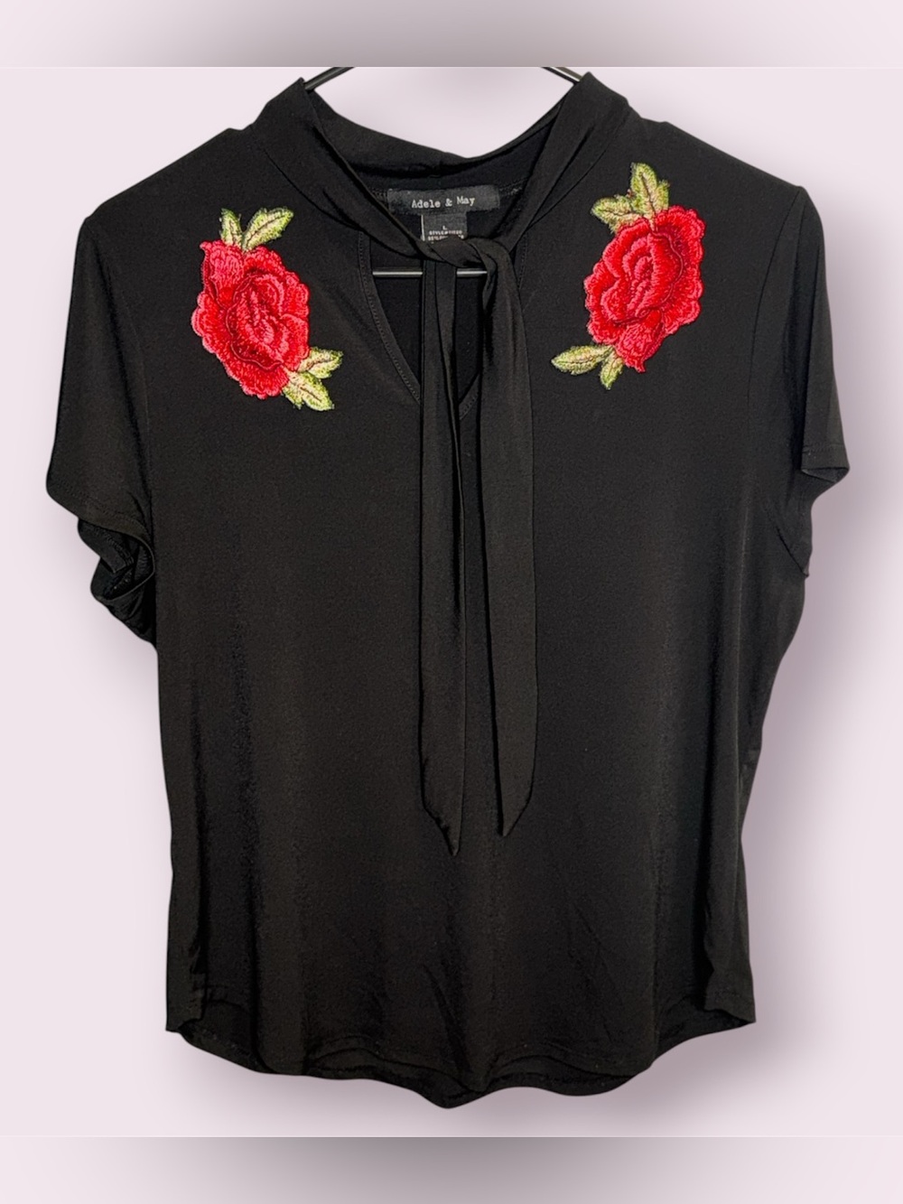 Adele & May Black Floral Embroidered Blouse Size L Tie Neck Short Sleeve Top